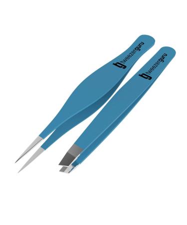 Tweezer Guru Eyebrow Tweezers for Women & Men - Set of 2  Professional  Stainless Steel  Slant and Pointed Tweezers for Ingrown Hair  Splinters and Blackhead Removal (Teal)