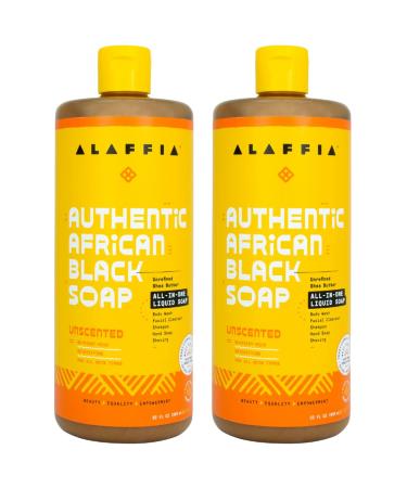 Alaffia Skin Care, Authentic African Black Soap, All in One Body Wash, Face Wash, Shampoo & Shaving Soap with Fair Trade Shea Butter, Unscented, 2 Pk - 32 Fl Oz Ea Unscented 32 Fl Oz (Pack of 2)