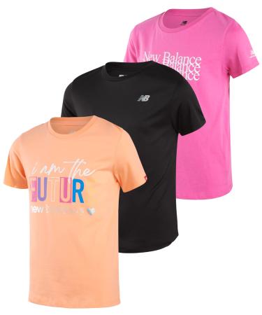 New Balance Girls' Athletic T-Shirt - 3 Pack Active Performance Sports Tee Bundle (7-16) Grey/Black/Pink 14-16