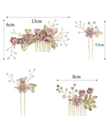 4-Piece Light Pink Gold Wedding Hair Comb Set | Rhinestone Bridal Hair Clips | Elegant Wedding Accessories - Buy Online on SooperMarket.com