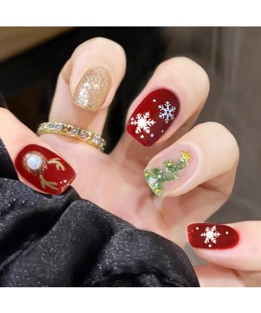 Brishow Christmas False Nails Snow Press on Nails Christmas Tree Stick on Nails Antler Short Red Fake Nails 24pcs for Women and Girls (a)