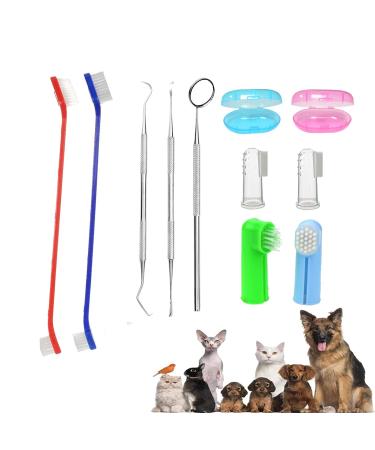 Dog toothbrush set pet toothbrush set 11 pieces silicone finger toothbrush long handle double-headed toothbrush metal tool included professional tooth cleaning set for pets 11PCs