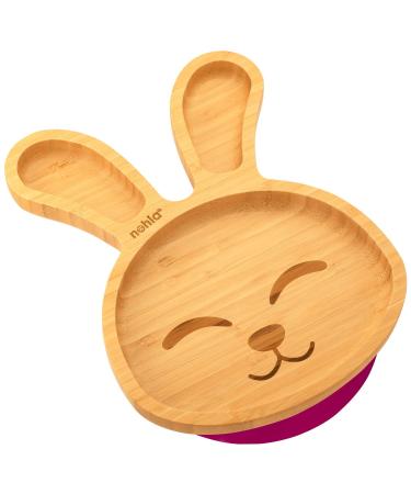 nohla - Billie The Bunny - Bamboo Baby Weaning Suction Plate - 23.9cm x 18.3cm - Spill-Proof Hard Suction Base - Ideal from 6 Months - 100% Bamboo & FDA Silicone - Organic & BPA-Free - Cherry Colour Billie the Bunny Plate