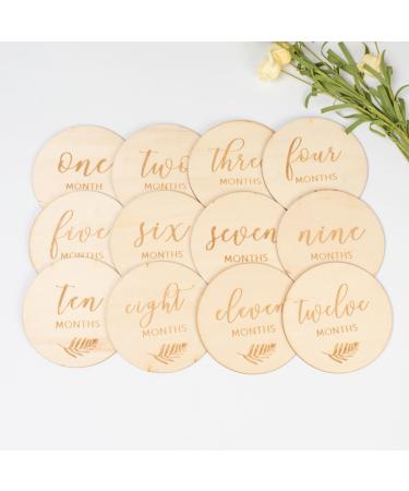Joy Depot 12 Pieces Baby Monthly Wooden Cards Monthly Baby Milestone Cards Double Sided Milestone Discs Photo Props Baby Gift Sets for Newborn Infants 0-12 Months Baby Shower Growth Recording