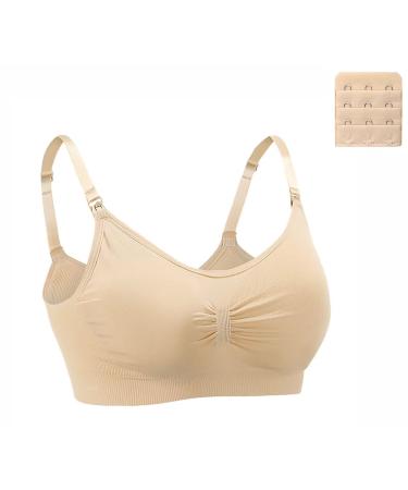 Dreamburn Maternity Nursing Bra Wireless Seamless Comfortable Breastfeeding Bras 4 Rows Adjust Hook with Removable Spill Prevention Pads Add Extenders M 1*beige Style1