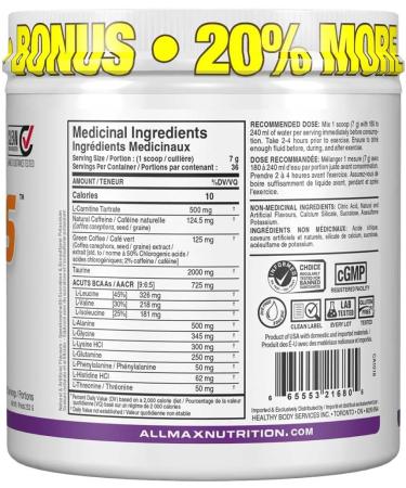ALLMAX Nutrition - AMINOCUTS (A:CUTS) - Weight-Management BCAA (L-Carnitine + Taurine + Green Coffee) - Grape -dye free- 252 Gram - 36 Servings 252-Gram Grape Escape 36 Servings (Pack of 1) - Buy Online on SooperMarket.com