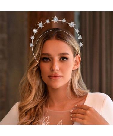 CAKURE Crystal Halo Crown Gold Star Headband Goddess Headpiece Bridal Wedding Tiara and Crowns Hair Accessories for Women and Girls (Silver)