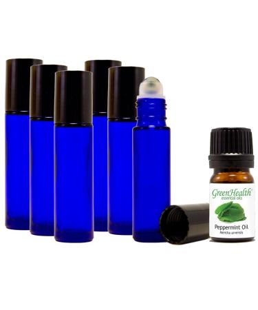 GreenHealth 10ml Glass Roll on Bottles STAINLESS STEEL ROLLER (Pack of 6) + 5ml Peppermint Oil (Cobalt Blue)