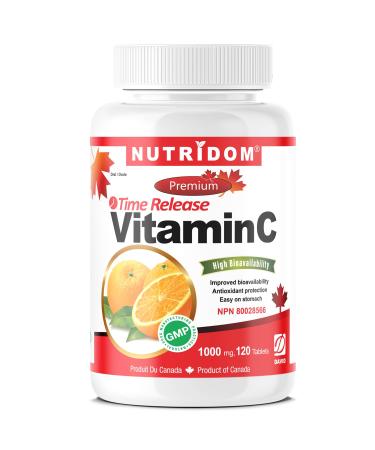 Nutridom Timed-Release Vitamin C 1 000mg with Citrus Bioflavonoids 100mg & Rose hip 100mg - Ascorbic Acid Supplement - Vegan-Friendly Non-GMO Gluten-free Soy-free Dairy-free 4 month supply (120 Tablets)