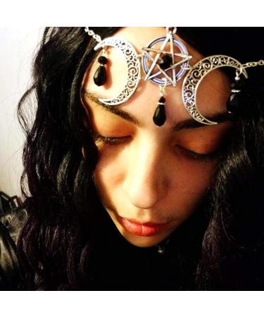 Yalice Boho Rhinestone Head Chain Crescent Moon Headpieces Pagan Hair Chains Pentagram Witchy Hair Jewelry Gifts for Women and Girls (Style-3)