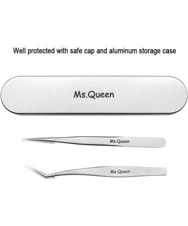 Ms.Queen Professional Eyelash Extension Tweezers Set - Straight and Curved Pointed Precision Crafted Tweezers for 3D-6D Volume False Eyelashes Extensions - 2 Pcs with Aluminum Storage Case - Buy Online on SooperMarket.com