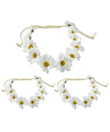 3PCS White Bohemian Style Imitation Daisy Flower Crown Sunflower Hair Wreath Garland Headband Headpiece Sunhat Accessories for Women Girls Wedding Festival Party Beach Vacation Seaside Holiday