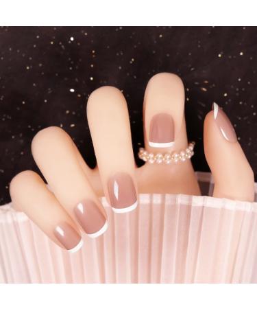 RUNRAYAY French Tip Press on Nails Medium Nude Fake Nails Acrylic False Nails Artificial Stick on Nails for Christmas Women and Girls 24Pcs AA