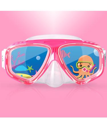 Kids Snorkeling Diving Mask, Unisex-Child 180Panoramic View Anti-Fog Diving Mask for Boys Girls Swim Goggles with Nose Cover, Snorkeling Gear for Junior Sweet Pink