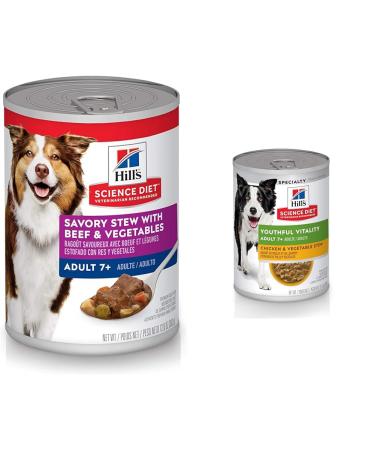 Hill's Science Diet Senior 7+ Canned Dog Food Savory Stew with Beef & Vegetables 12.8 oz 12 Pack wet dog food & Adult 7+ Senior Vitality Canned Dog Food Chicken & Vegetable Stew 12.5 oz