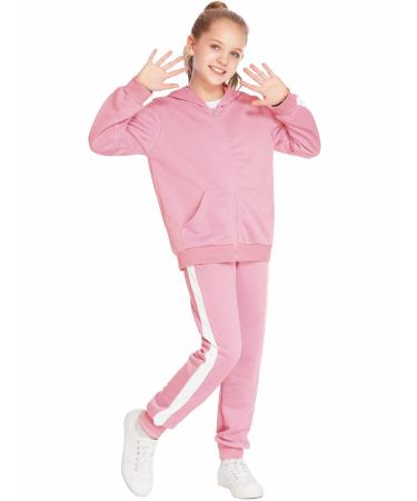 Boyoo Girls 2PCS Tracksuit Athletic Sweatsuits Sets Zip-up Hooded Sweatshirt and Jogger sweatpant Outfits for 5-13 Years Pink Solid 8-9 Years