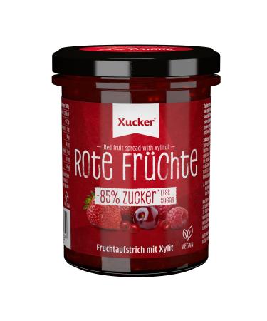 Xucker fruit spread red fruits with xylitol - strawberry sour cherry raspberry and currant I 74% fruit content i vegan & sugar arm 220g