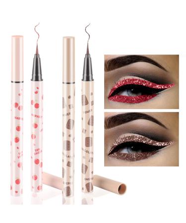 evpct 2Pcs Glitter Sparkling Shimmer Dark Red & Brown Liquid Eyeliner Makeup Pen Set Metallic Satin Finish Colorful Colored Sparkle Eye Liner Pen Waterproof Smudge Proof Long Lasting High Pigmented 2 Count (Pack of 1) Red & Brown
