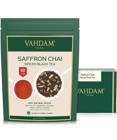 VAHDAM Saffron Tea Loose Leaf (50 Cups/3.53oz) Blended w/ Black Tea Cardamom Cinnamon Clove Almond Saffron | Spiced Chai Tea Loose Leaf | Brew Hot Tea Iced Tea Or Chai Latte Saffron Masala Chai