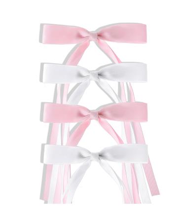 WLLHYF 4Pcs Tassel Ribbon Hair Clips Silky Satin Bows Hair Barrettes Long Tail Bowknot Ponytail Holder Metal Slides Claw Hair Valentine's Day Accessories for Women Girls Kids White+Pink