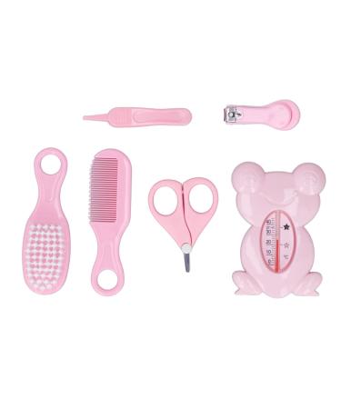 BORDSTRACT Baby Healthcare and Grooming Kit 6 Pcs with Hair Brush Comb Nail Clipper Safety Scissors Booger Clip Thermometer Safety Newborn Nursery Care Set for Newborn Infant Girls Boys(Pink)