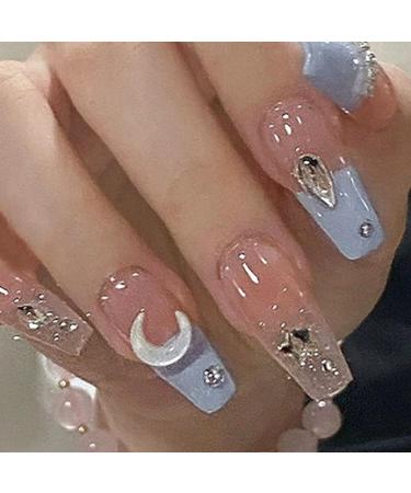yilin 1Set Star Moon Color Blocking Wearable Nail Sea Salt Macaron Color Clear Diamond Model - Buy Online on SooperMarket.com