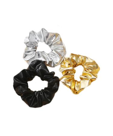 Bronzing Gilding Hair Scrunchies Floppy Metallic Ponytail Holders Gilding Hair Scrunchy BW32 (Black-Gold-Silver)