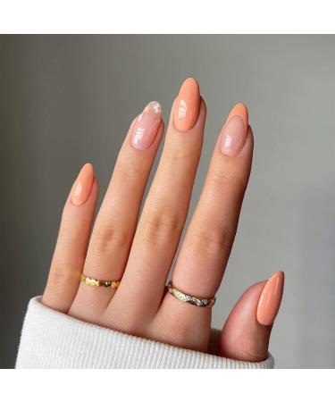 Luvadeyo 24 Pcs Press on Nails Medium Fake Nails with Nail Glue Orange French False Nails Orange-french