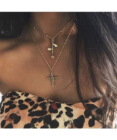 fxmimior 2 Tier Bohemia Rose Flower Cross Long Layered Necklace Bar Coin Charm Pendant Neckalce Delicate Station Chain Multilayer Dics Bar Choker Necklaces for Women