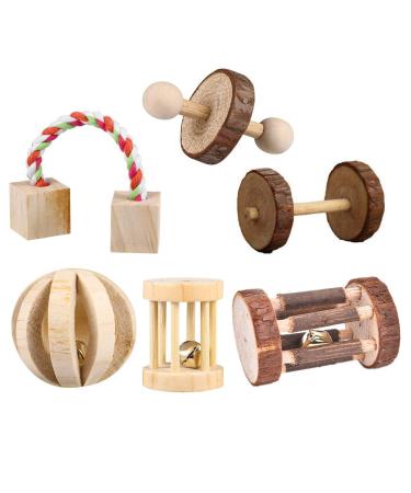 CCCYMM 6 Pcs Pet Natural Wooden Chew Toys Dumbells Exercise Bell Molar Toy for Parrot Rabbit Chinchilla Guinea Pig Hamster Small Animals