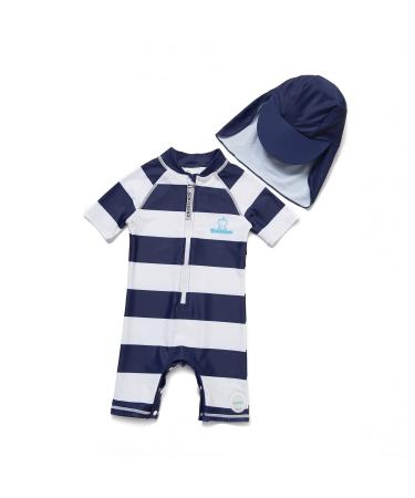 BONVERANO Baby Boys Swimsuit Toddler Bathing Suit Short-Sleeve Zipper One Piece Swimwear with UPF 50+ Sun Protection 12-18 Months Navy Stripe 2