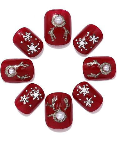 Brishow Christmas False Nails - Snow Press on Nails with Christmas Tree & Antler Design - Short Red Fake Nails for Women and Girls (24pcs) - Buy Online on SooperMarket.com