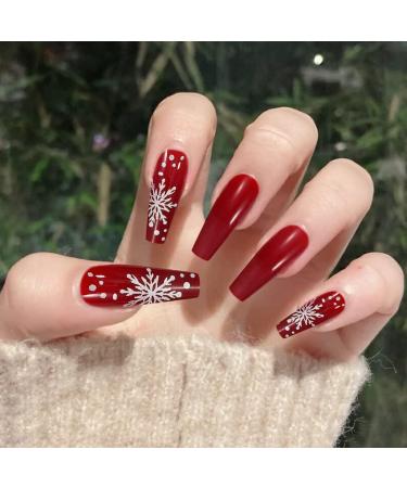 Vatocu Christmas False Nails Long Xmas Press on Nails Snowflakes Glitter Fake Nails Ballerina Acrylic Stick on Nails for Women and Girls(24pcs)
