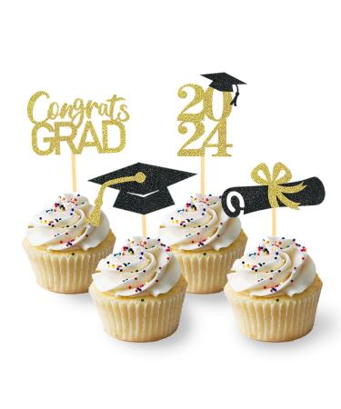 24Pcs Graduation Cupcake Toppers Graduation Cupcake Picks for Cupcake Food Decorations - Class of 2024 Graduation Cupcake Toppers Supplies (Black & Gold)