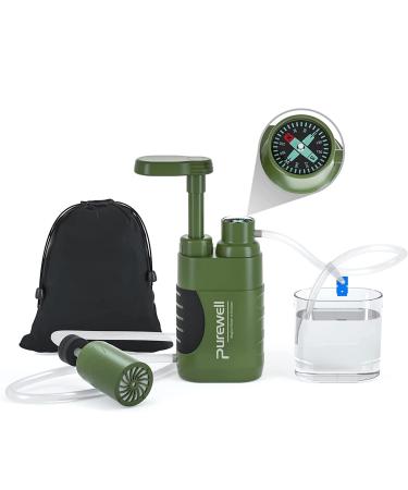 PureWell Water Purifier Pump with Replaceable Carbon 0.01 Micron Water Filter 4 Filter Stage Portable Outdoor Emergency and Survival Gear - Camping Hiking Backpacking 2pack -Green