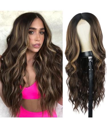 AISI QUEENS Long Wavy Wig Highlights Color Synthetic Curly Middle Part Wigs for Women Brown Mixed Blonde Heat Resistant Hair Wigs For Daily Party Use