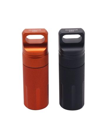 HRX Package Outdoor Waterproof EDC Survival Container Capsule, Airtight Aluminum Pill Bottle Match Seal Storage Case Camping Essentials Emergency Tool (2PCS) Black and Orange