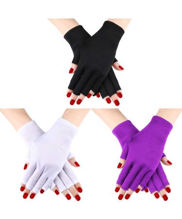Quesuc 3 Pairs UV Shield Glove Gel Manicures Glove Anti UV Fingerless Gloves Protect Hands from UV Light Lamp Manicure Dryer (Black Purple White)