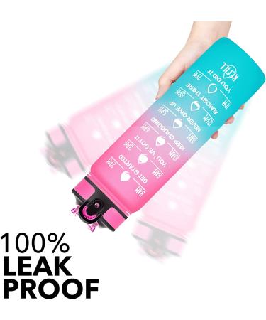 Hyeta 32oz Motivational Water Bottle with Time Marker & Straw - Pink-Green | Leakproof BPA-Free Sports Bottle for Fitness, Gym & Outdoor - Buy Online on SooperMarket.com
