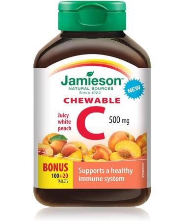 Jamieson Chewable Vitamin C 500 mg - White Juicy Peach Flavour 120 Count (Pack of 1) & Chewable Vitamin D3 1 000 IU - Exotic Tropical Fruit Flavour 100 Count (Pack of 1) - Buy Online on SooperMarket.com