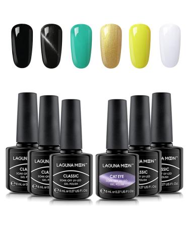 Lagunamoon Gel Nail Polish Set Mixed Colours Black White Green Gold Yellow Soak Off UV LED Manicure Set Requires Drying Under Nail Lamp Kit - Cutest Ghost