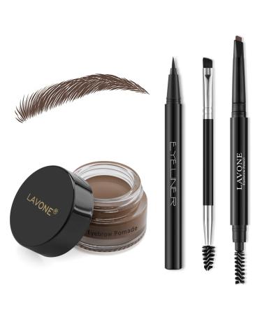 Eyebrow Stamp Pencil Kit for Eyebrows, Makeup Brow Stamp Trio Kit with Waterproof Eyebrow Pencil, Eyeliner, Eyebrow Pomade, and Dual-ended Eyebrow Brush - Dark Brown