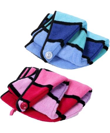 Anller 2 Pack 100% Cotton Hair Towel Wrap for Women - Red & Blue | Hair Drying Towel with Button | Dry Hair Hat Shower Head Towel - Buy Online on SooperMarket.com