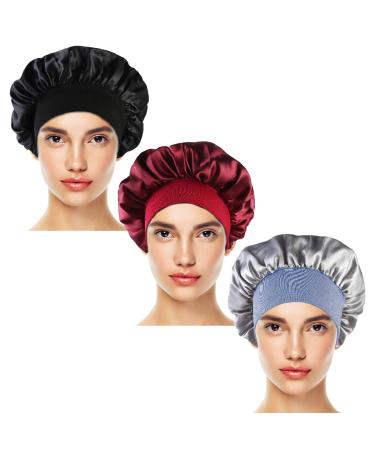 Wide-Brimmed Satin Night Caps 3-Pack for Women - Wine Red, Black, Silver - Buy Online on SooperMarket.com