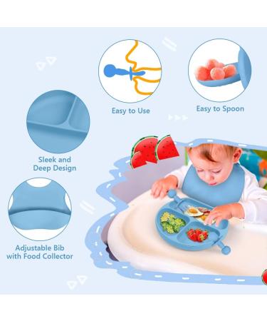 Vicloon Silicone Baby Feeding Set | 4 Pcs Weaning Suction Plate, Bib, Spoon & Fork | BPA-Free Toddler & Kids Plate Set | Divided Plate | Gift for Kids - Blue - Buy Online on SooperMarket.com