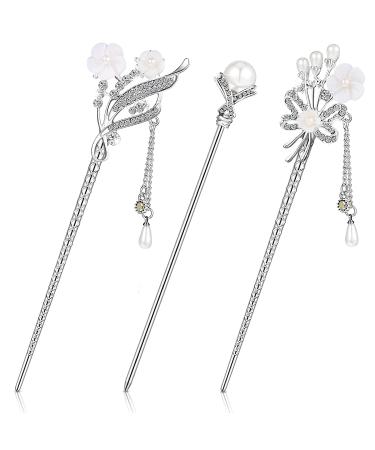 3 Pieces Chinese Hair Stick Japanese Hairpin Hair Chopsticks for Women Pearl Rhinestone Flower Hair Accessories Vintage Tassel Handmade Chignon Jewelry for Girls (Traditional Style)