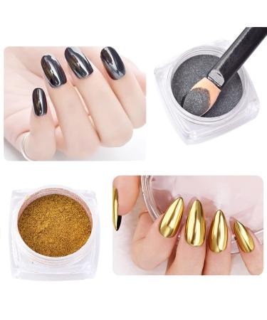 Black Mirror Powder Metallic Chrome Powder,2 Jars Gold Black Nail Art Mirror Glitter Effect Chrome Pigment Powder Dust Manicure Tips with Sponge Applicators Black Mirror Powder Metallic Chrome Powder——2 Jar