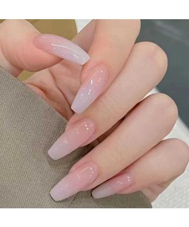 Luvadeyo 24 PCs Coffin Press on Nails Ballerina Long Fake Nails Acrylic Full Cover Gradient False Nails for Women and Girls Cold and White