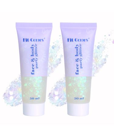 Face Glitter Gel, 2 Jars Holographic Chunky Glitter Makeup for Body, Hair, Face, Nail, Eyeshadow, Long Lasting and Waterproof Mermaid Sequins Liquid Glitter Total 6 Colors Available (#6, White, 2PCS)