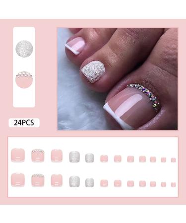 French Sparkling Rhinestone Fake Toe Nails Set - 24PCS Full Cover Short Square Press-on Toenails with Glue Sticker and File - Perfect for Women, Teens, and Girls - Buy Online on SooperMarket.com